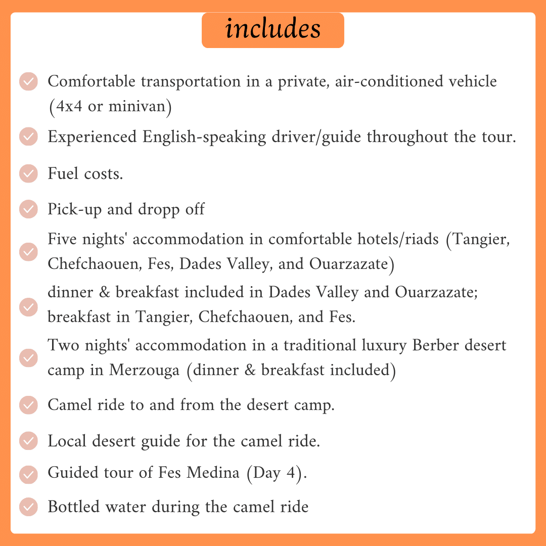 A pink minimalist graphic listing the inclusions for an 8-day Morocco tour from Tangier to Marrakech. Highlights include private air-conditioned transport, an English-speaking driver, 7 nights of accommodation (hotels, riads, and a luxury desert camp), meals, a camel ride, and a guided Fes Medina tour.