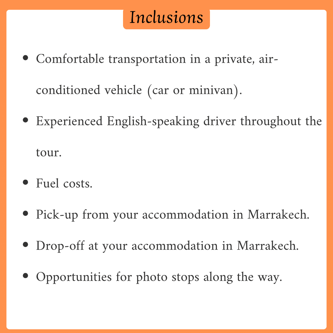 Includes a Private day trip to ouzoud waterfall from Marrakech.