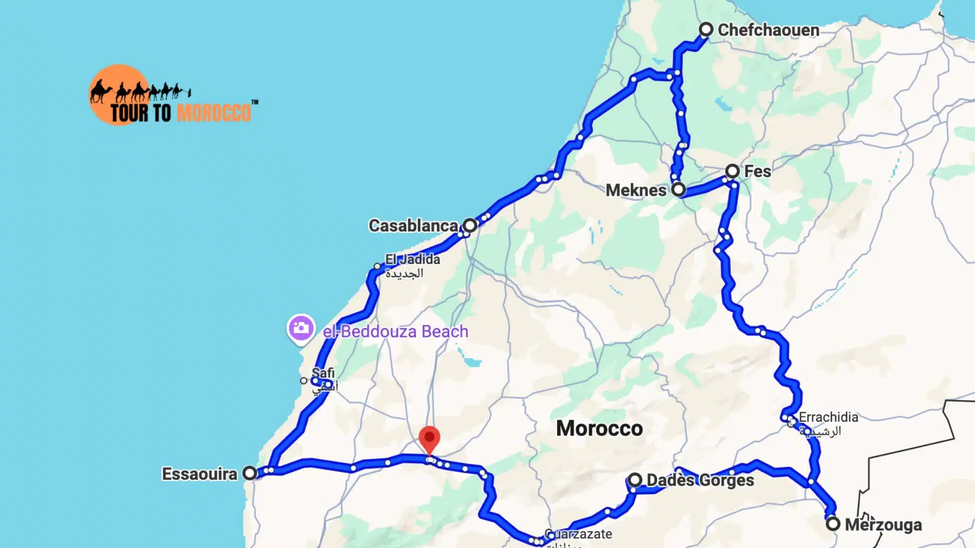 13 Days Morocco Tour Route (Casablanca → Desert → Marrakech → Essaouira → Casablanca)