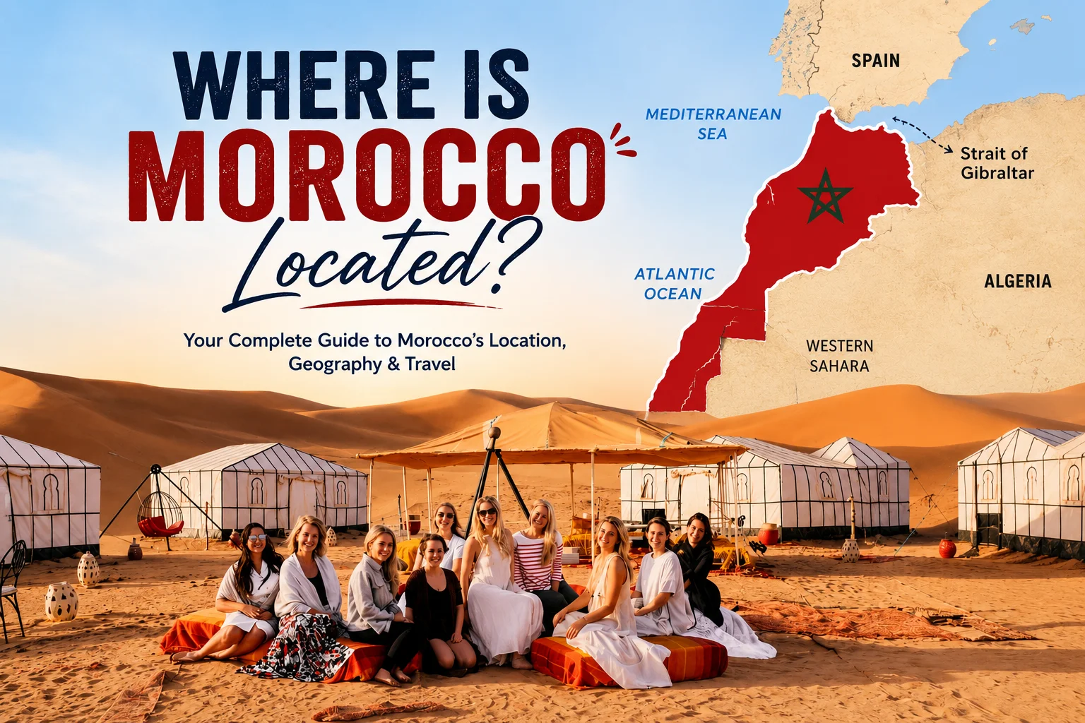 Panoramic view of Morocco featuring the Atlas Mountains, Sahara Desert, and iconic landscapes in Northwest Africa.
