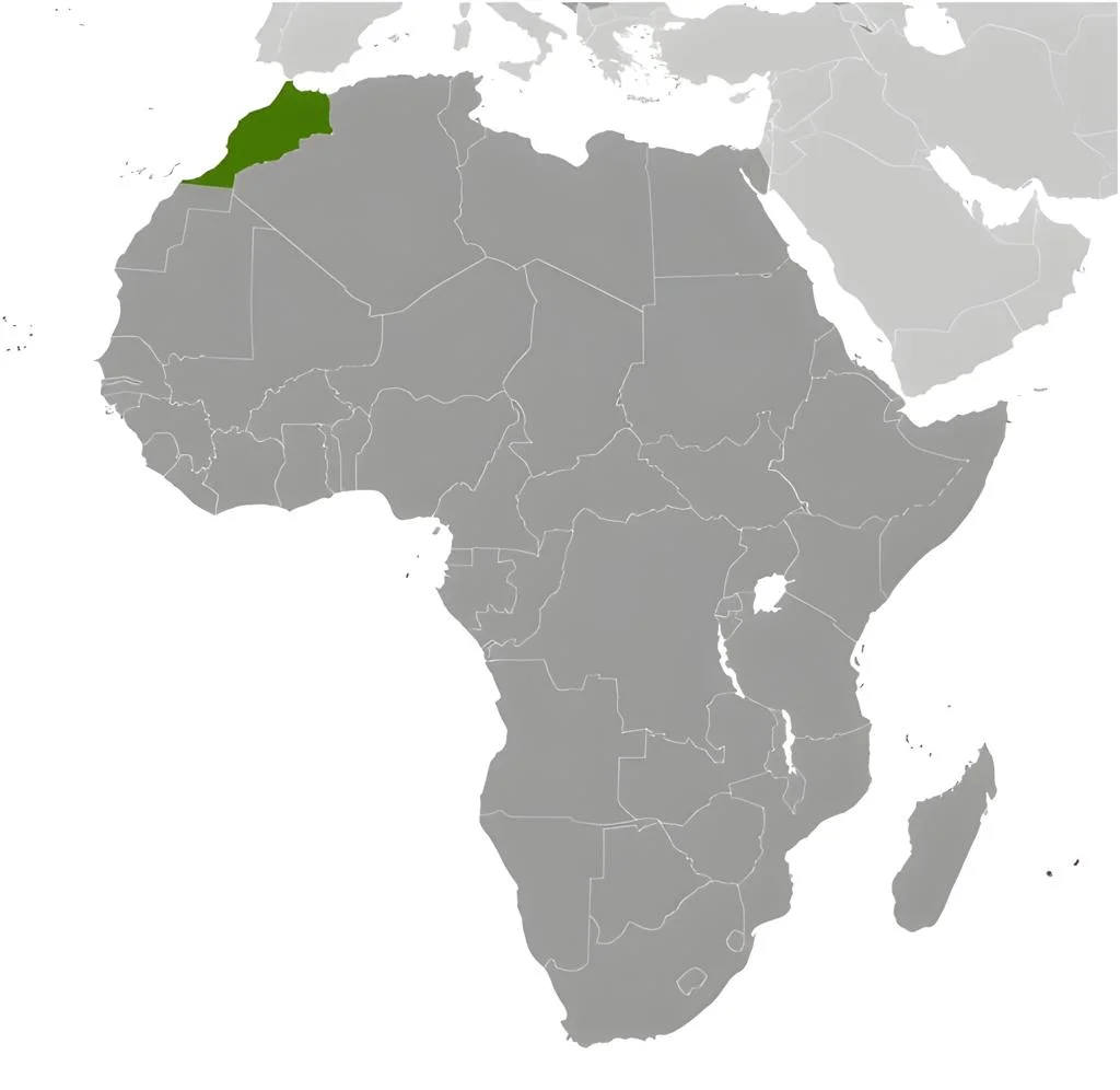 Map showing Morocco's location in Northwest Africa, bordered by the Atlantic Ocean, the Mediterranean Sea, Algeria, and Western Sahara.
