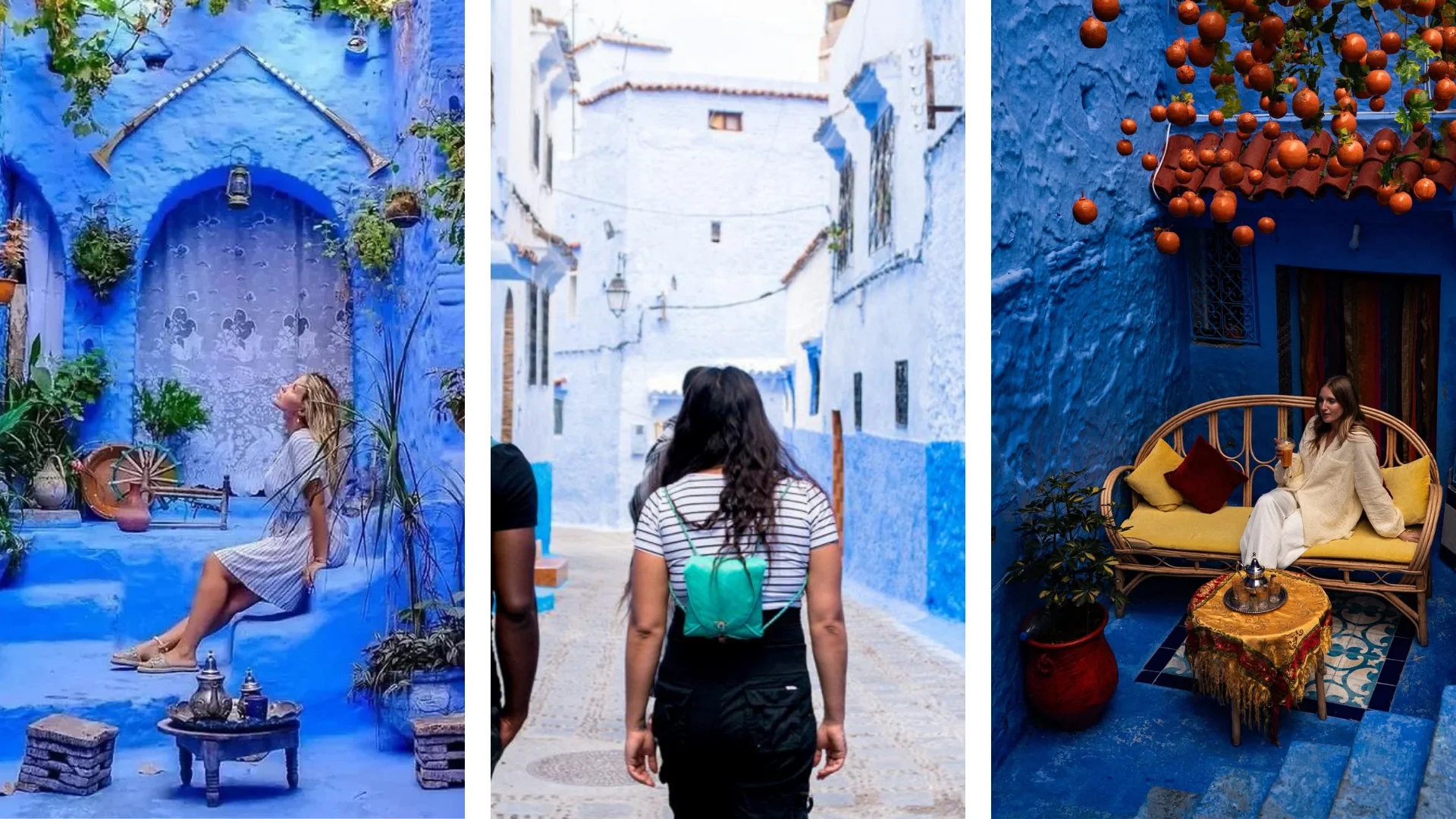 woman chefchaouen blue city Solo female traveler walking through the blue streets of Chefchaouen