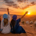 Women enjoying a sunset in the Sahara Desert of Merzouga, Morocco, near a luxury desert camp.