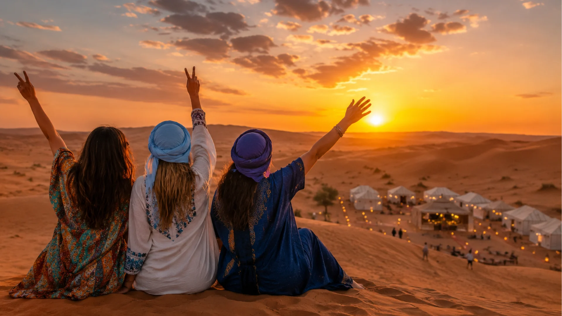 Women enjoying a sunset in the Sahara Desert of Merzouga, Morocco, near a luxury desert camp.